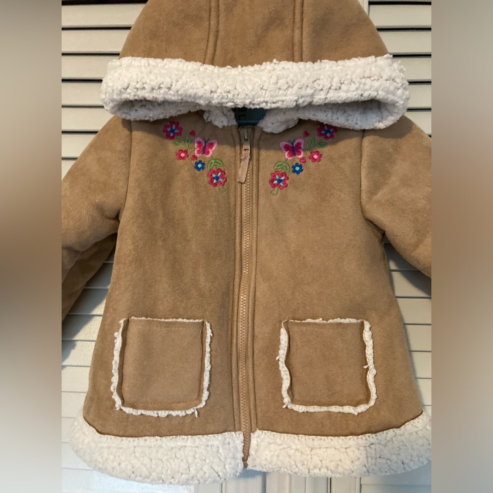 🌵 Little Me Girls Tan Suede Jacket Coat Floral Fleece Hoodie Zipper 18M Warm - Picture 3 of 12